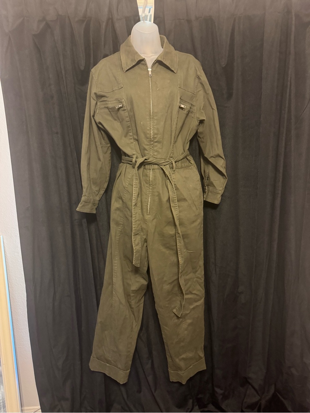 Utility Olive Green Womens Jumpsuit with Waist Tie